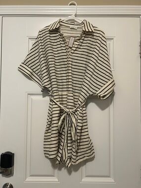 vestique Cream and Black Striped Shirt Romper